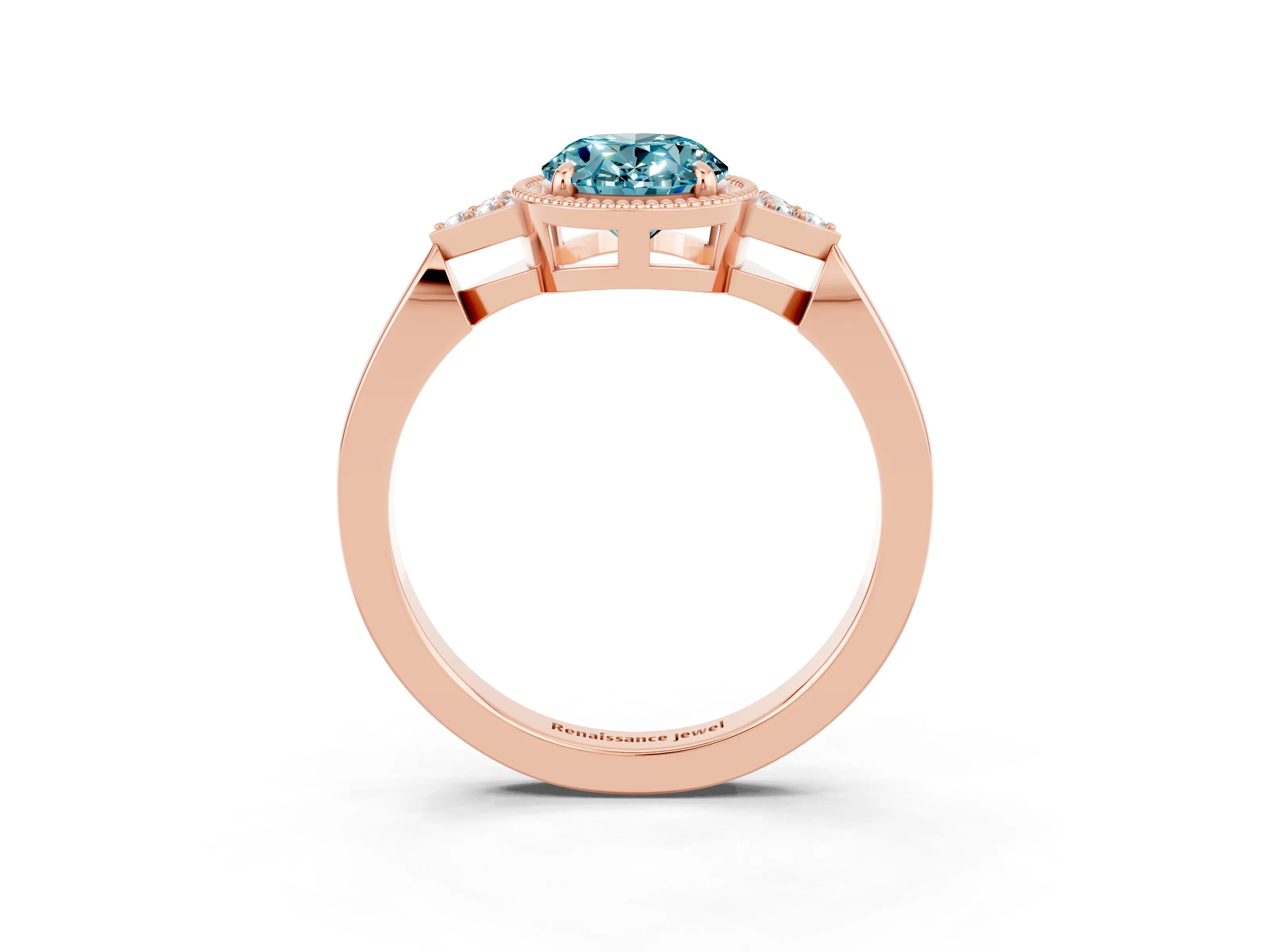 Rose gold Oval Cut Blue Topaz Halo Ring with Tapered Band and Four-Prong Setting_3