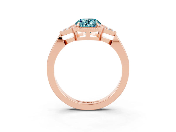 Rose gold Oval Cut Blue Topaz Halo Ring with Tapered Band and Four-Prong Setting