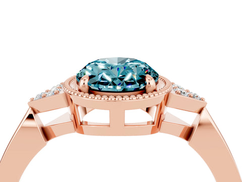 Rose gold Oval Cut Blue Topaz Halo Ring with Tapered Band and Four-Prong Setting_4