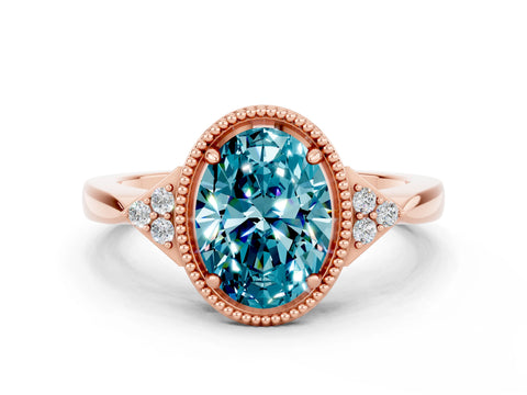 Rose gold Oval Cut Blue Topaz Halo Ring with Tapered Band and Four-Prong Setting