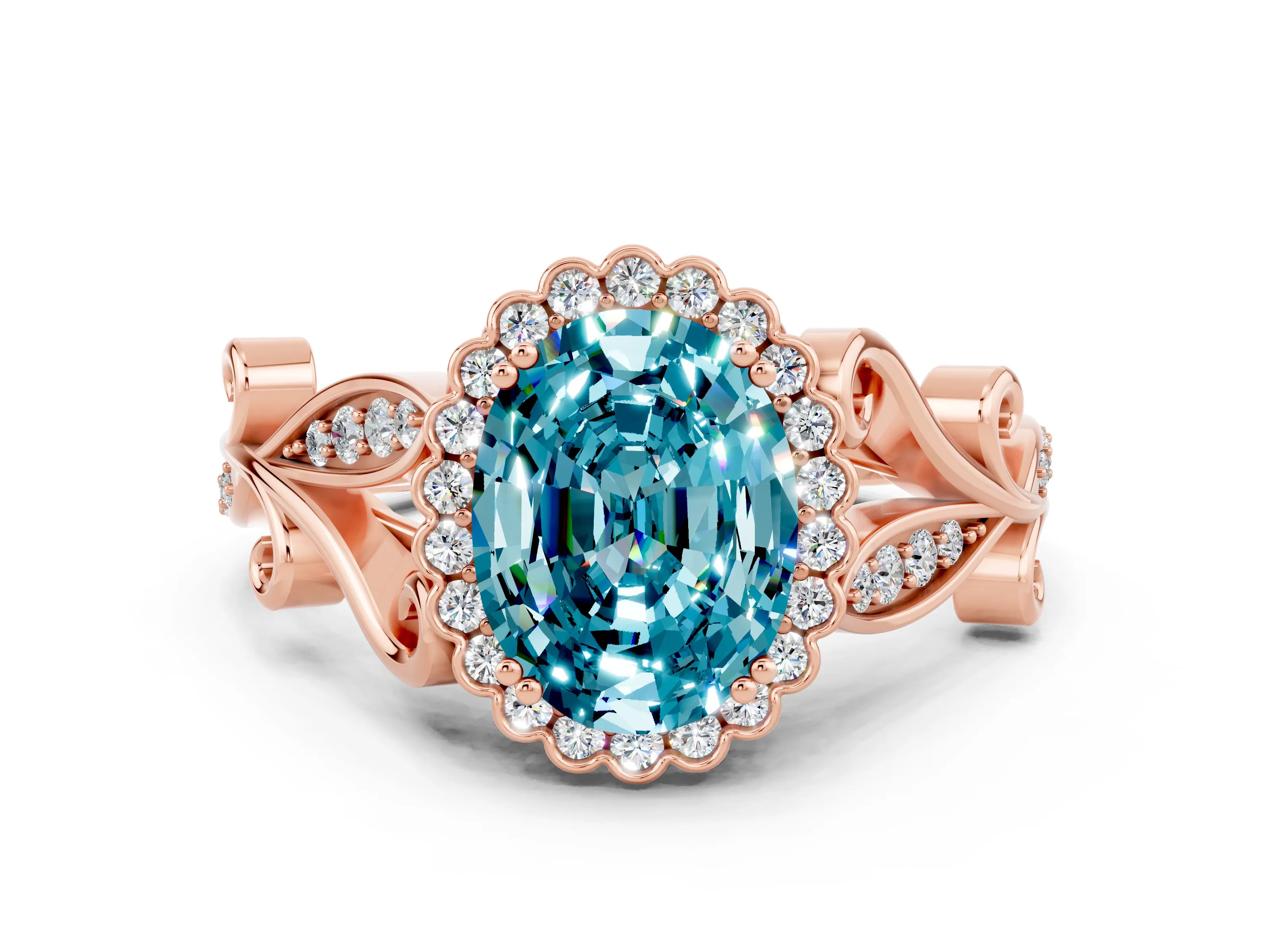 Rose gold Oval Cut Blue Topaz Halo Ring with Vintage Split Shank and Four-Prong Setting