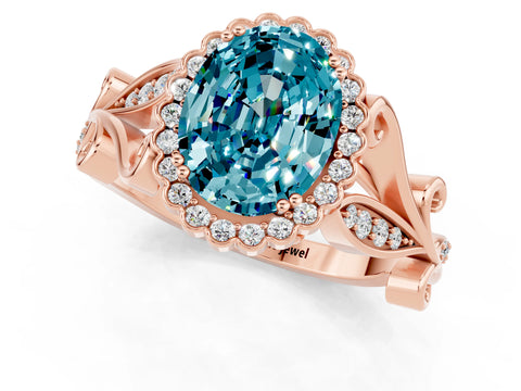 Rose gold Oval Cut Blue Topaz Halo Ring with Vintage Split Shank and Four-Prong Setting_1