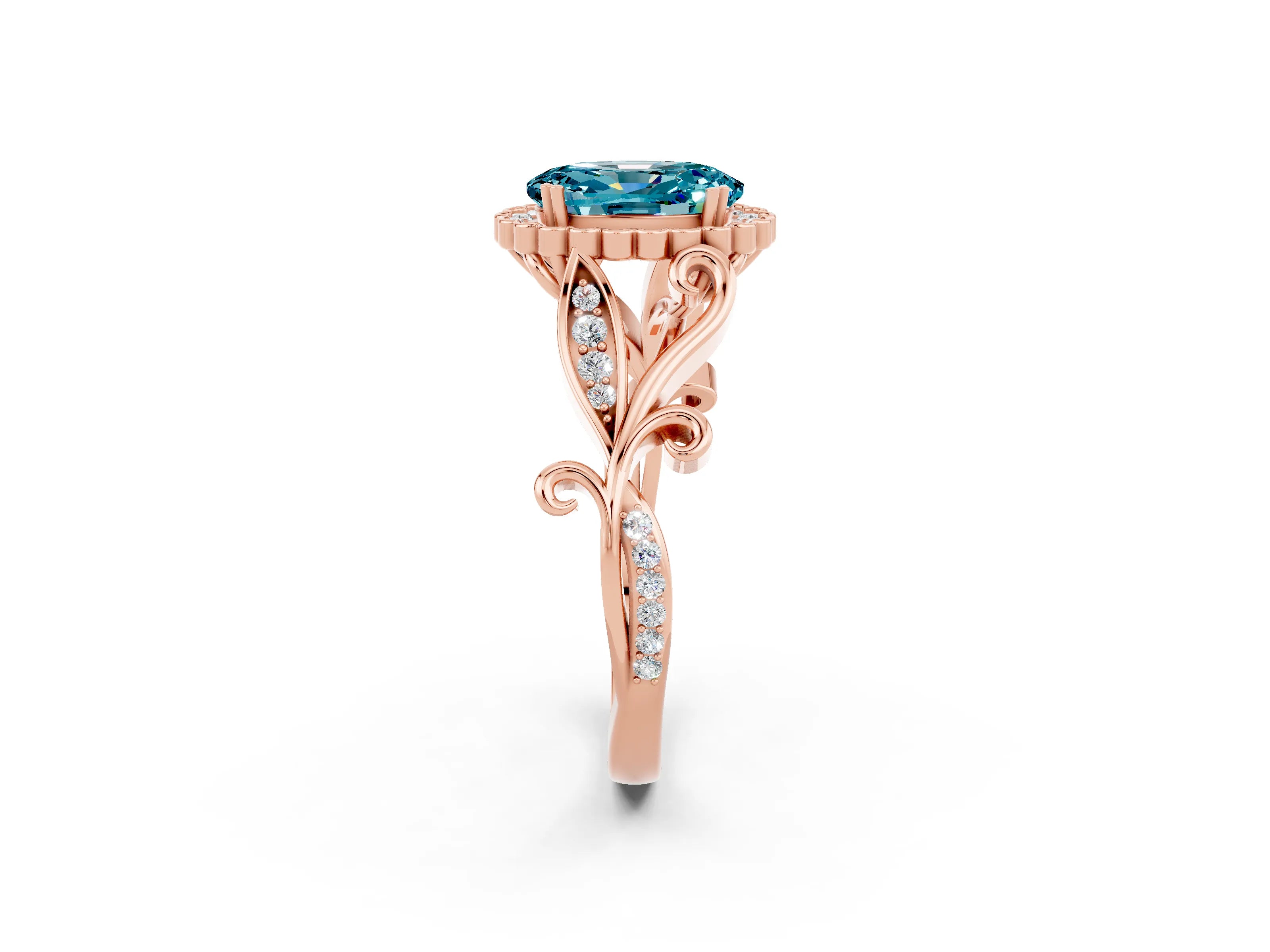 Rose gold Oval Cut Blue Topaz Halo Ring with Vintage Split Shank and Four-Prong Setting_2