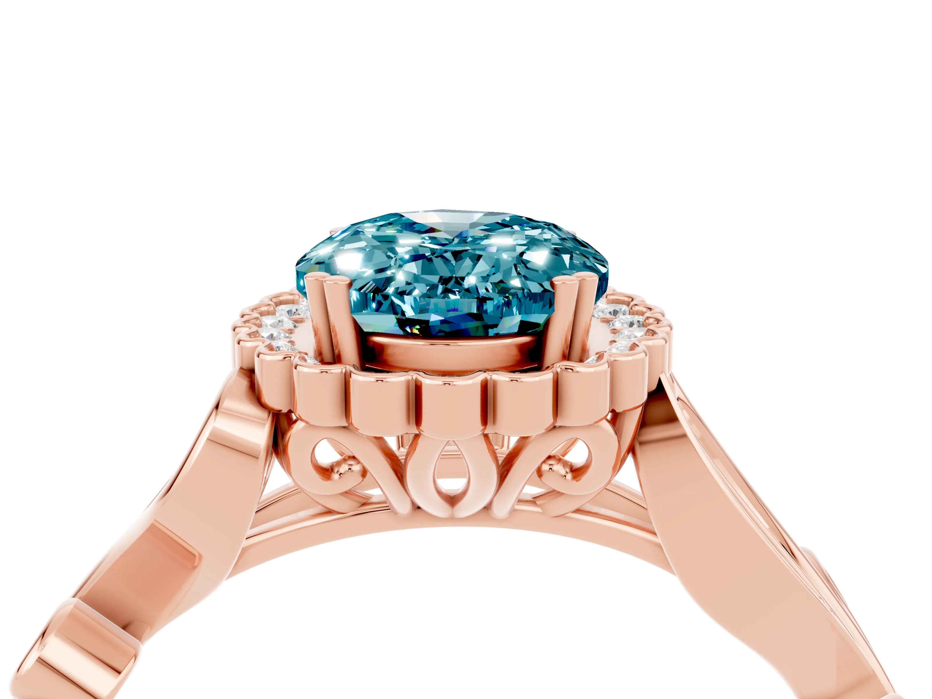 Rose gold Oval Cut Blue Topaz Halo Ring with Vintage Split Shank and Four-Prong Setting_4