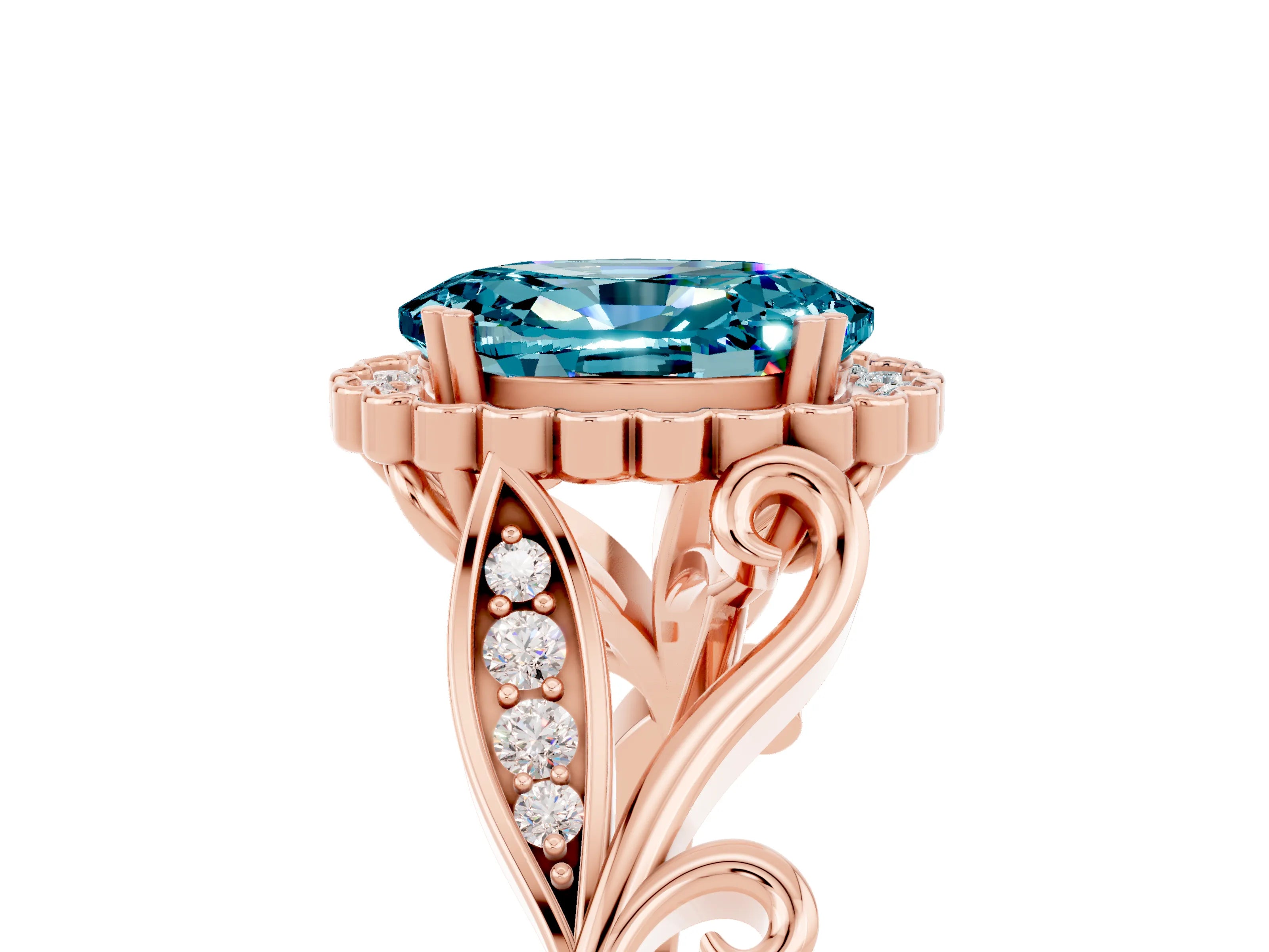 Rose gold Oval Cut Blue Topaz Halo Ring with Vintage Split Shank and Four-Prong Setting_5