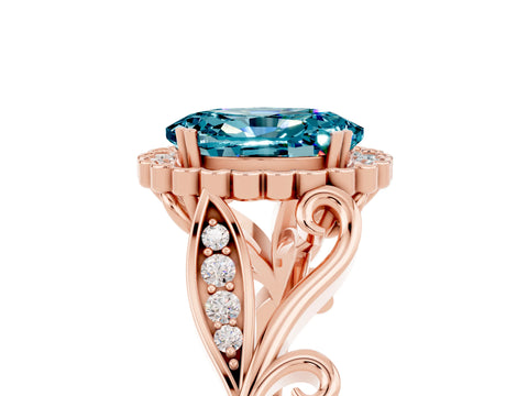 Rose gold Oval Cut Blue Topaz Halo Ring with Vintage Split Shank and Four-Prong Setting_5