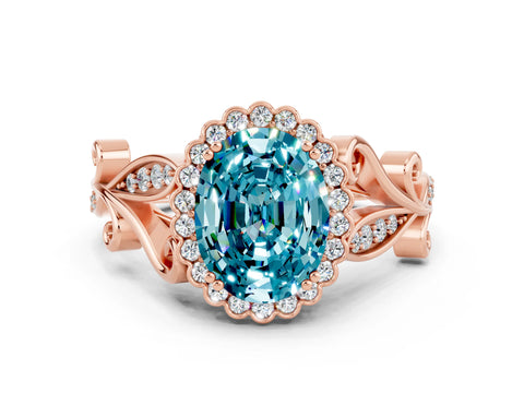 Rose gold Oval Cut Blue Topaz Halo Ring with Vintage Split Shank and Four-Prong Setting