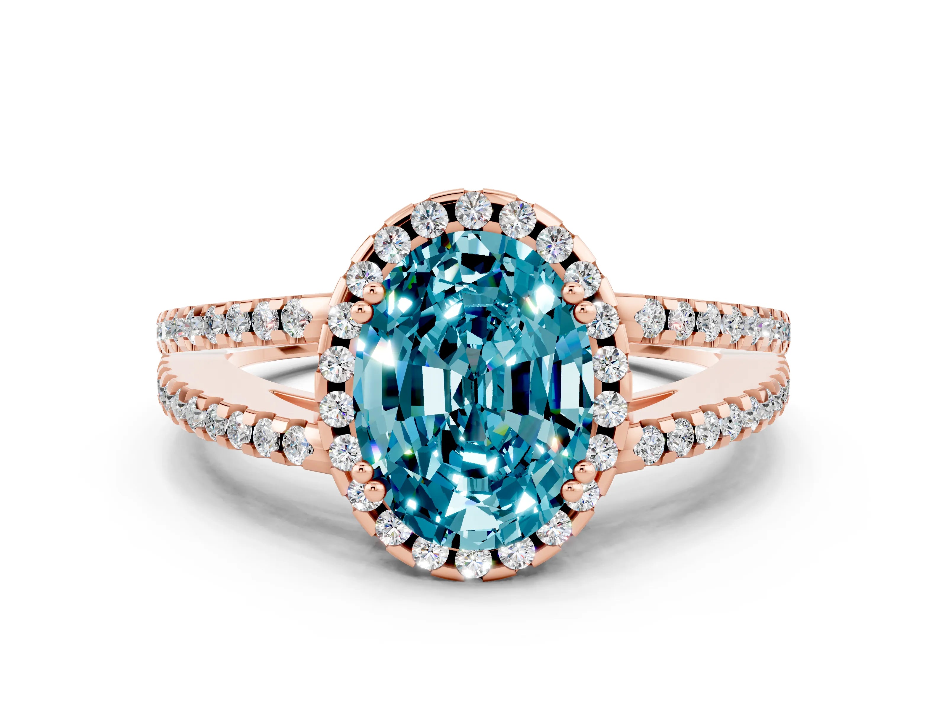 Rose gold Oval Cut Blue Topaz Halo Split Shank Engagement Ring_12