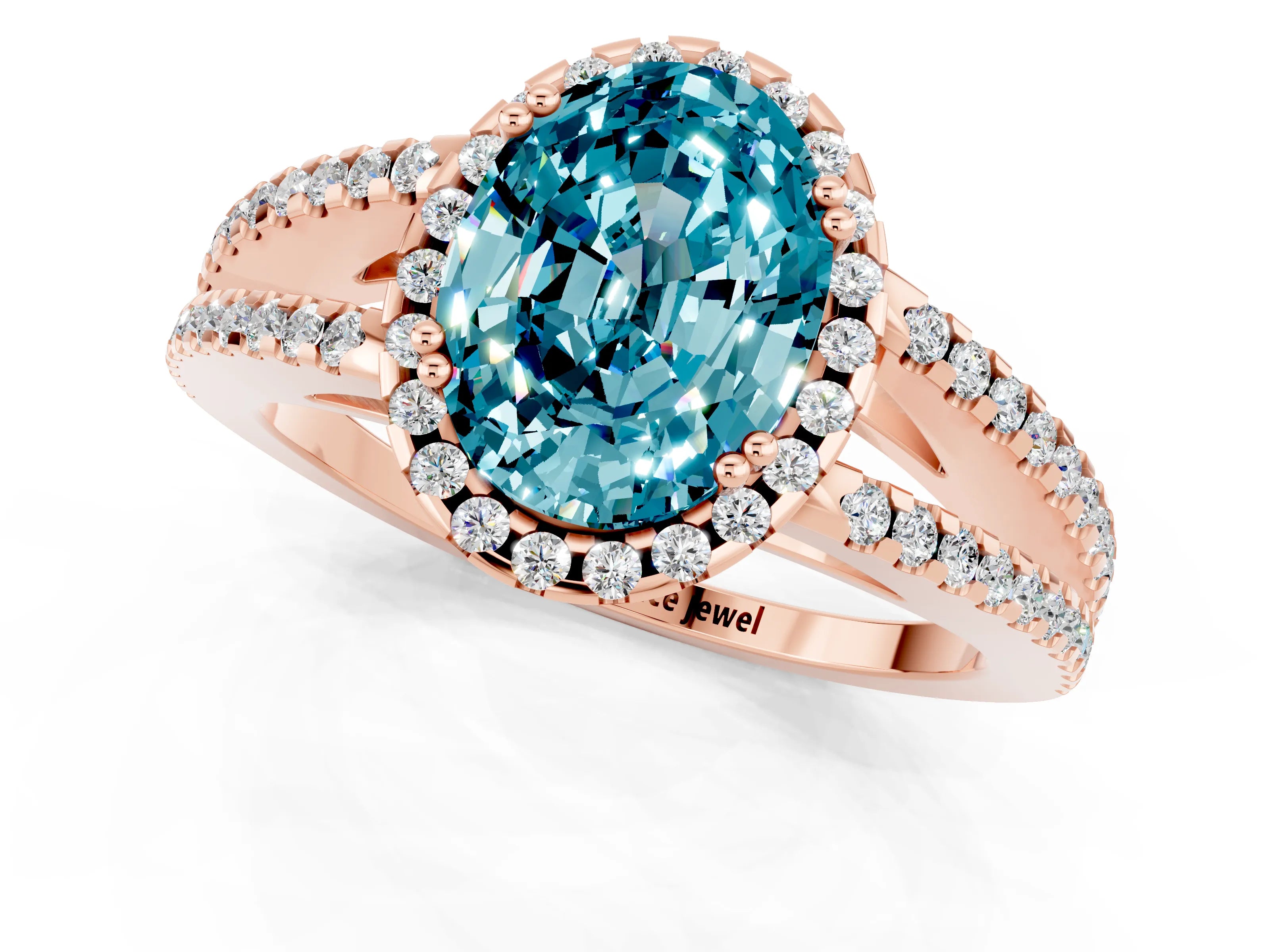 Rose gold Oval Cut Blue Topaz Halo Split Shank Engagement Ring_13