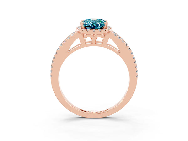 Rose gold Oval Cut Blue Topaz Halo Split Shank Engagement Ring