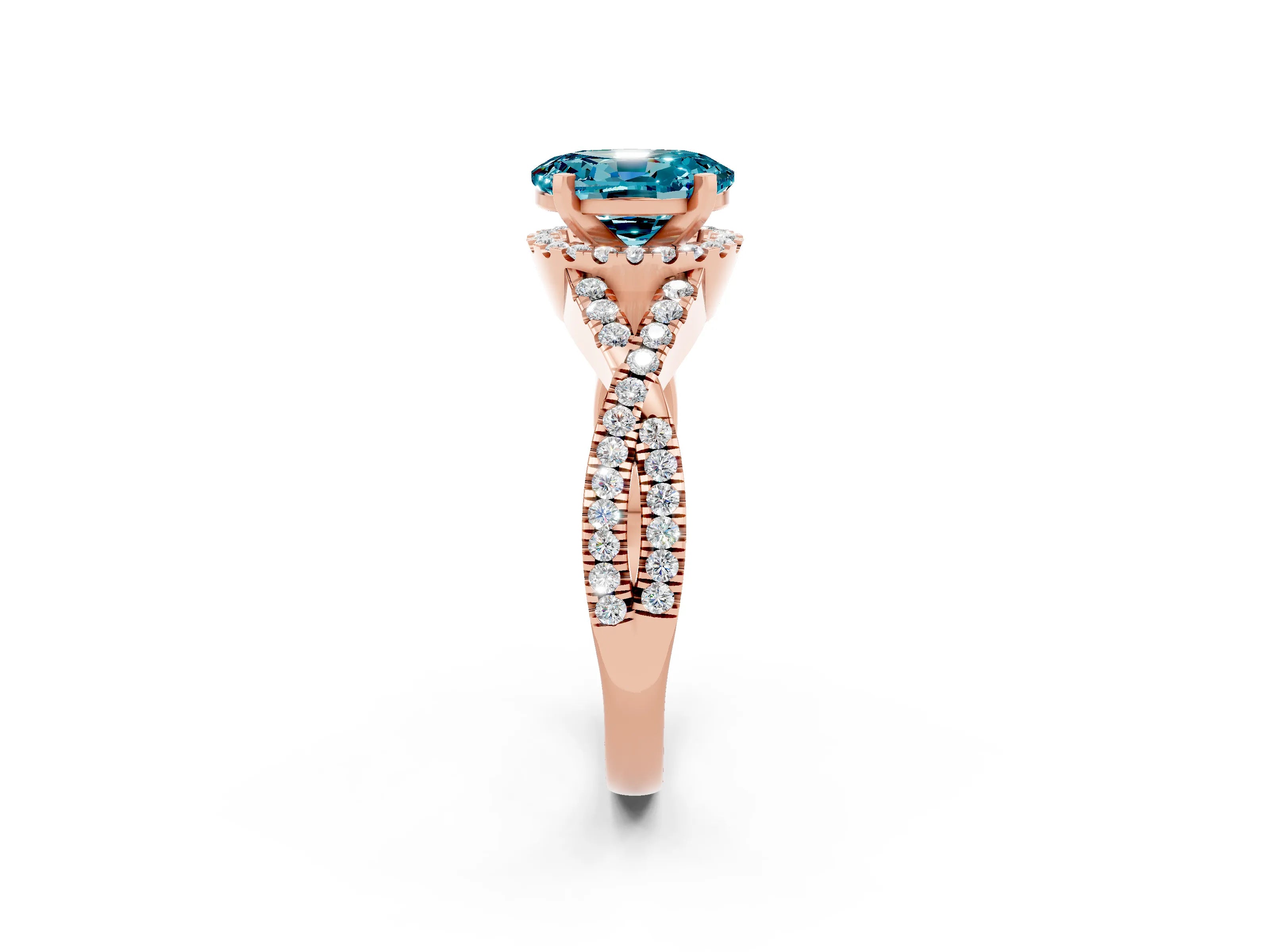 Rose gold Oval Cut Blue Topaz Halo Twist Band Solitaire Prong Setting Ring_2