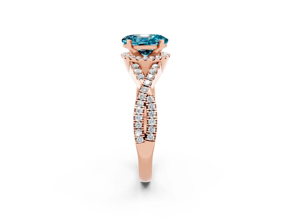 Rose gold Oval Cut Blue Topaz  Halo Twist Band Solitaire Prong Setting Ring
