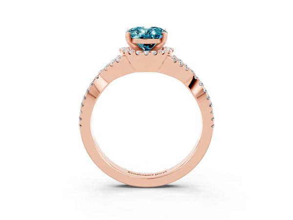 Rose gold Oval Cut Blue Topaz  Halo Twist Band Solitaire Prong Setting Ring