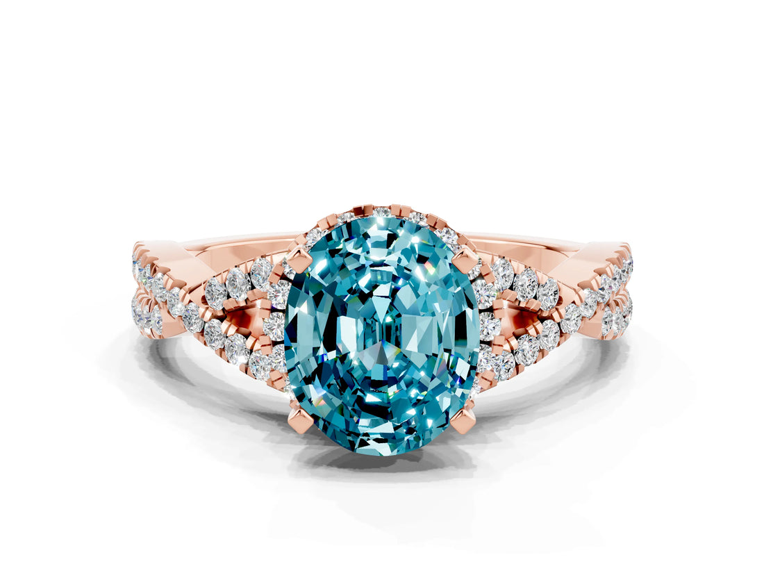 Rose gold Oval Cut Blue Topaz  Halo Twist Band Solitaire Prong Setting Ring_42