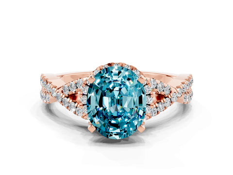 Rose gold Oval Cut Blue Topaz Halo Twist Band Solitaire Prong Setting Ring