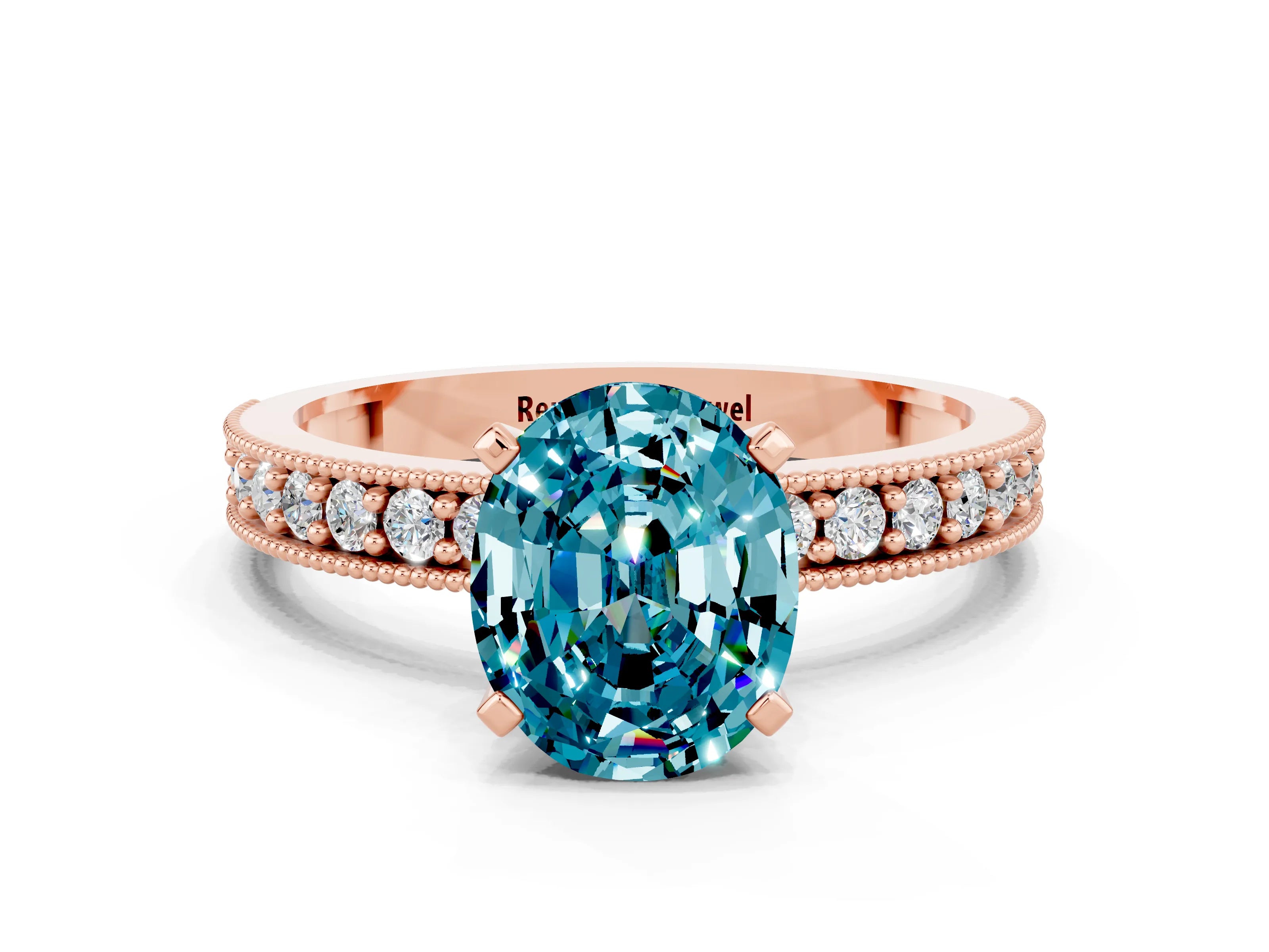 Rose gold Oval Cut Blue Topaz Milgrain Pavé Engagement Ring with Four-Prong Setting_12