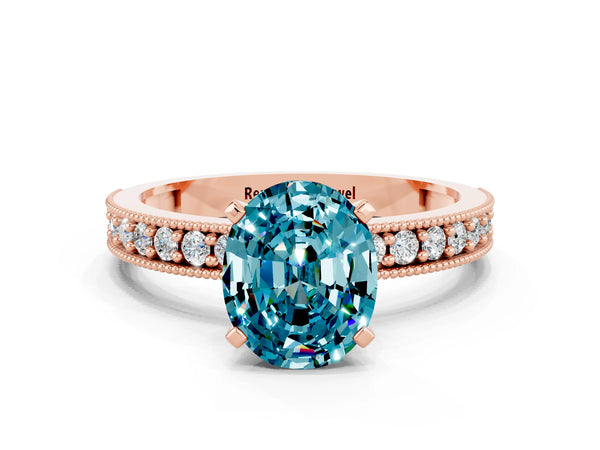 Rose gold Oval Cut Blue Topaz Milgrain Pavé Engagement Ring with Four-Prong Setting