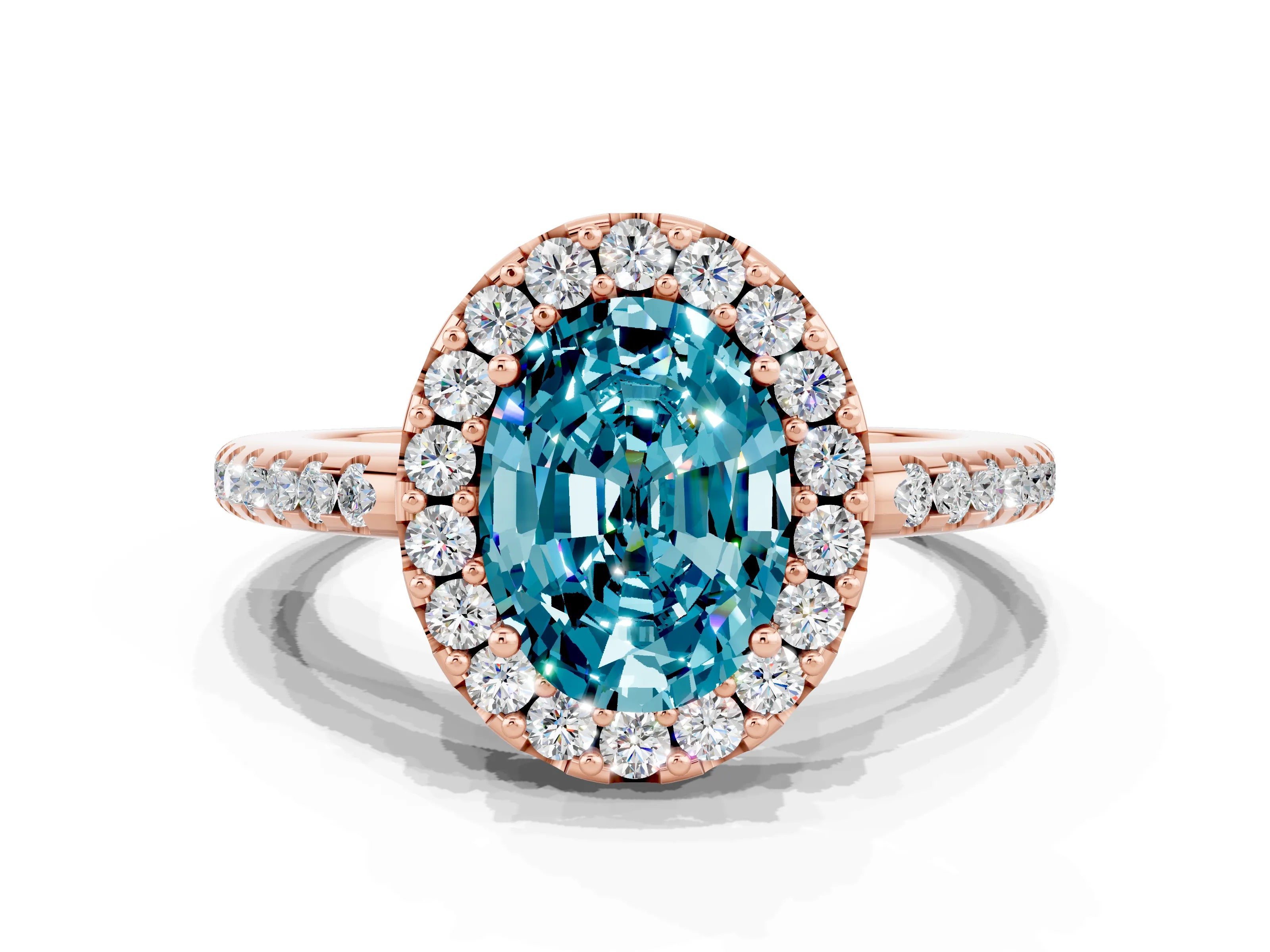 Rose gold Oval Cut Blue Topaz Pavé Halo Ring with Four-Prong Setting_12