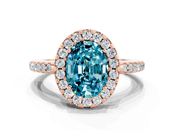 Rose gold Oval Cut Blue Topaz Pavé Halo Ring with Four-Prong Setting