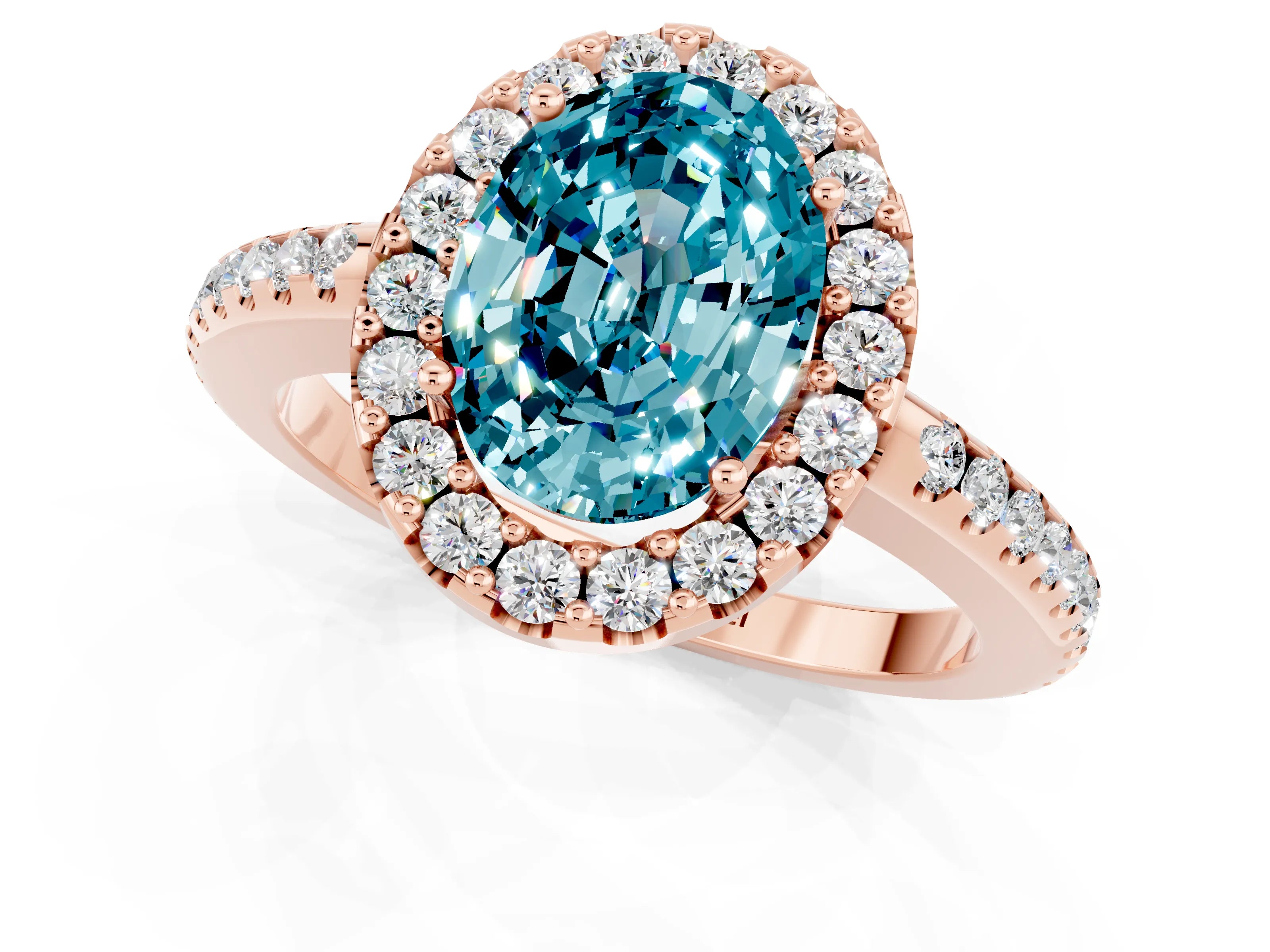 Rose gold Oval Cut Blue Topaz Pavé Halo Ring with Four-Prong Setting_13