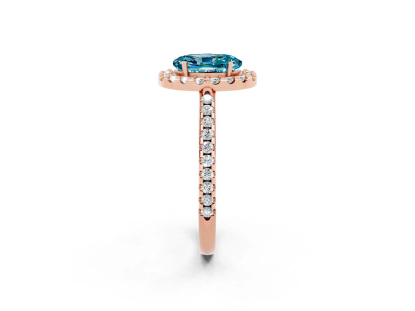 Rose gold Oval Cut Blue Topaz Pavé Halo Ring with Four-Prong Setting