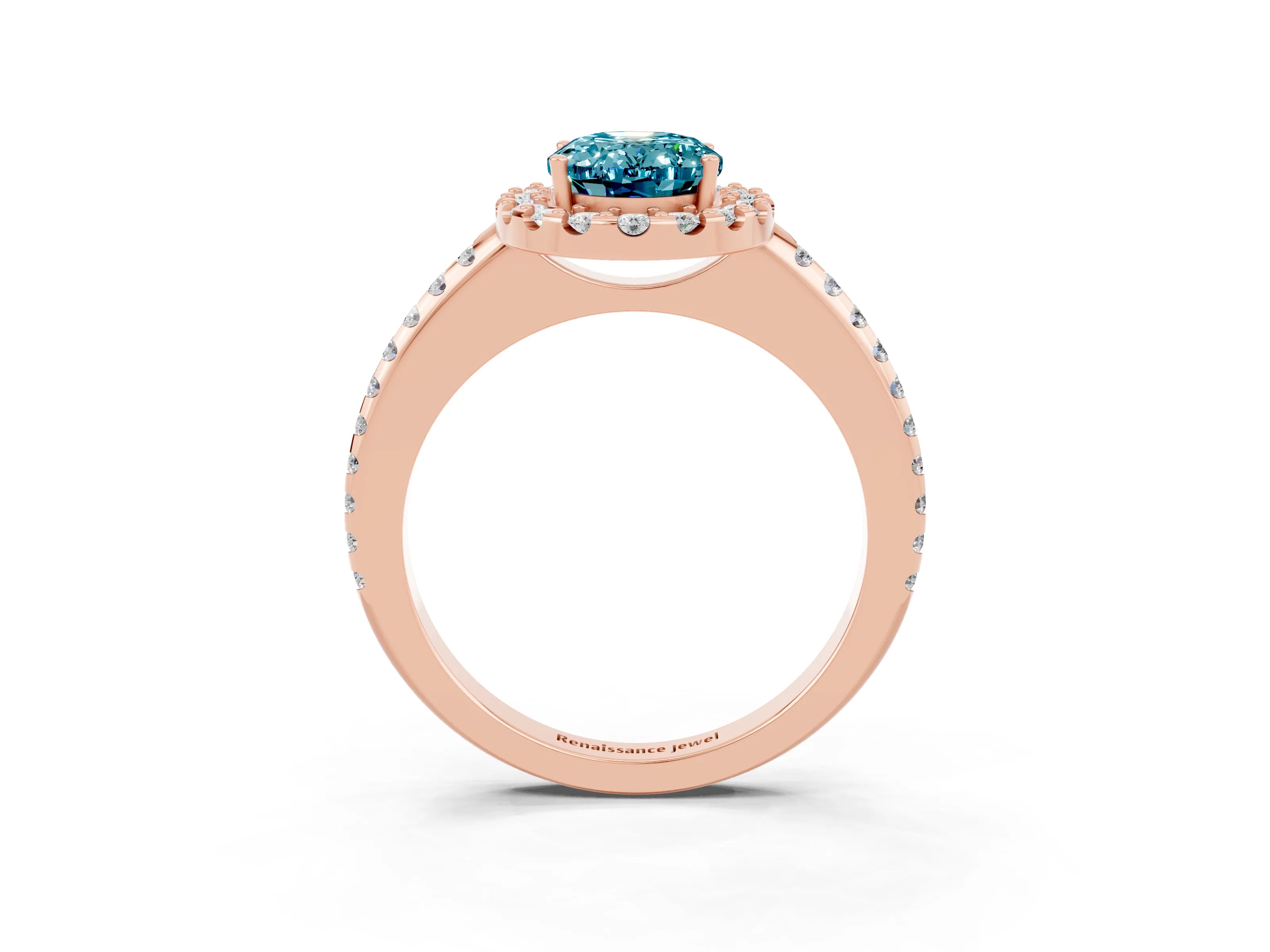 Rose gold Oval Cut Blue Topaz Pavé Halo Ring with Four-Prong Setting_15