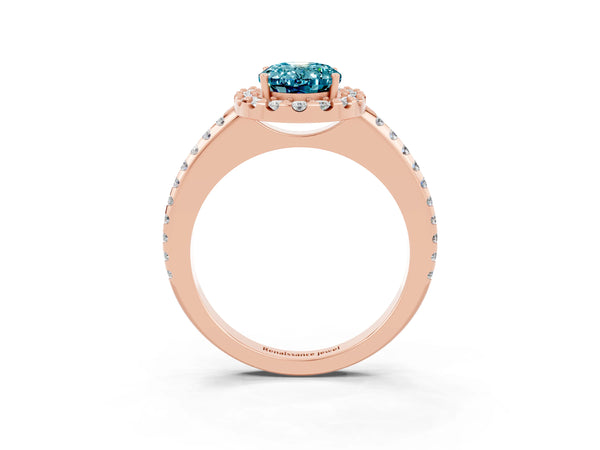 Rose gold Oval Cut Blue Topaz Pavé Halo Ring with Four-Prong Setting