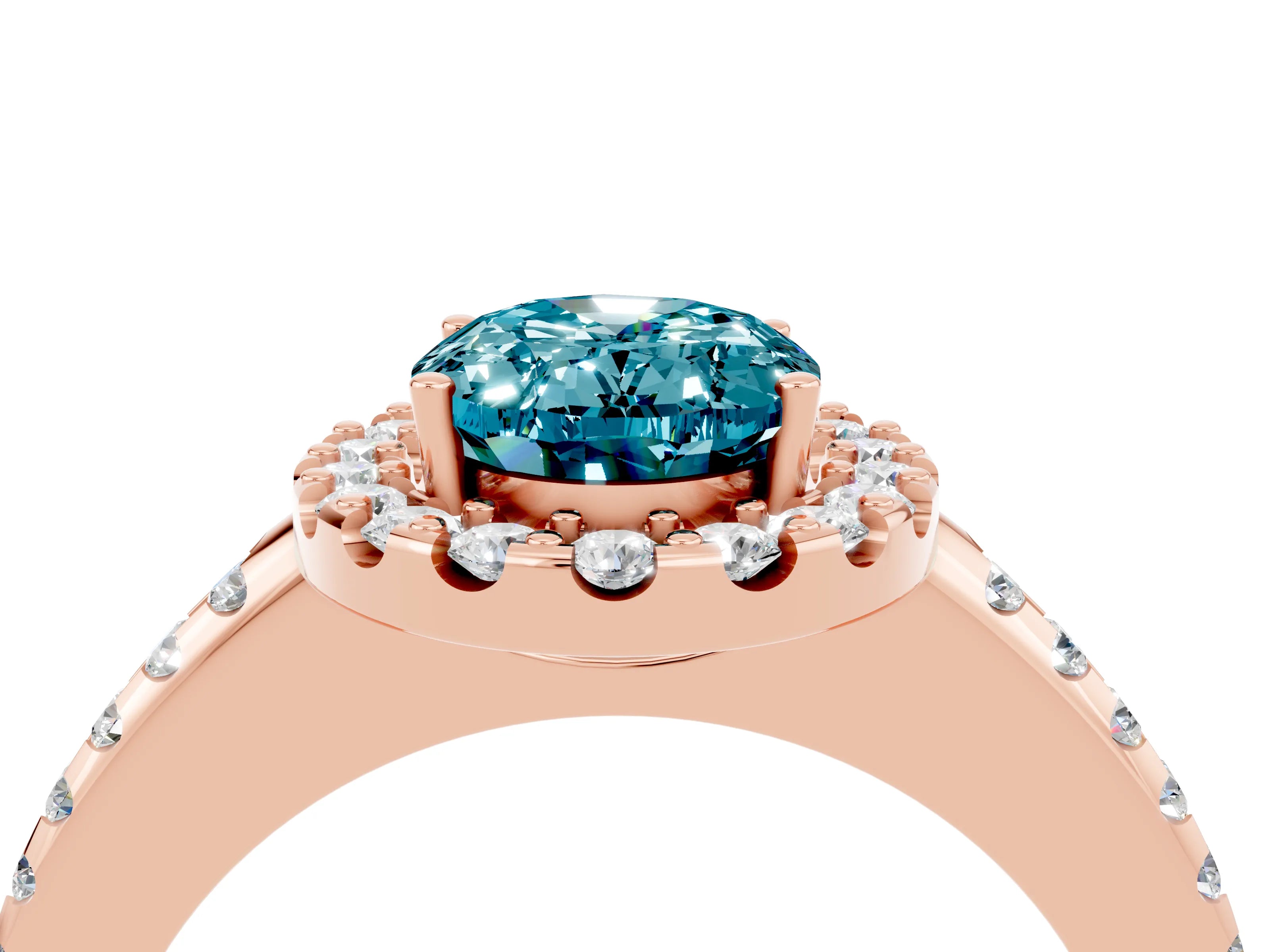 Rose gold Oval Cut Blue Topaz Pavé Halo Ring with Four-Prong Setting_16