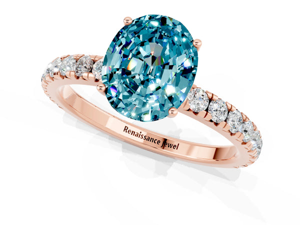 Rose gold Oval Cut Blue Topaz Pavé Solitaire Engagement Ring with Four-Prong Setting