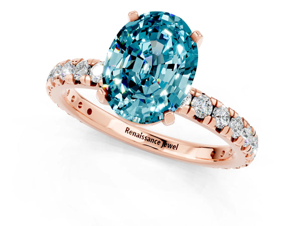 Rose gold Oval Cut Blue Topaz Pavé Solitaire Ring with Round Band and Prong Setting
