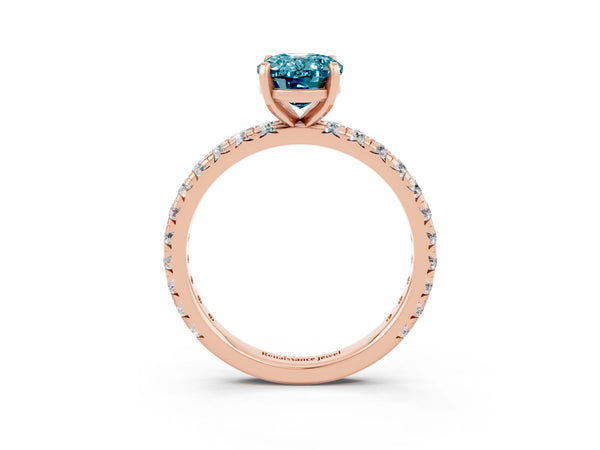 Rose gold Oval Cut Blue Topaz Pavé Solitaire Ring with Round Band and Prong Setting