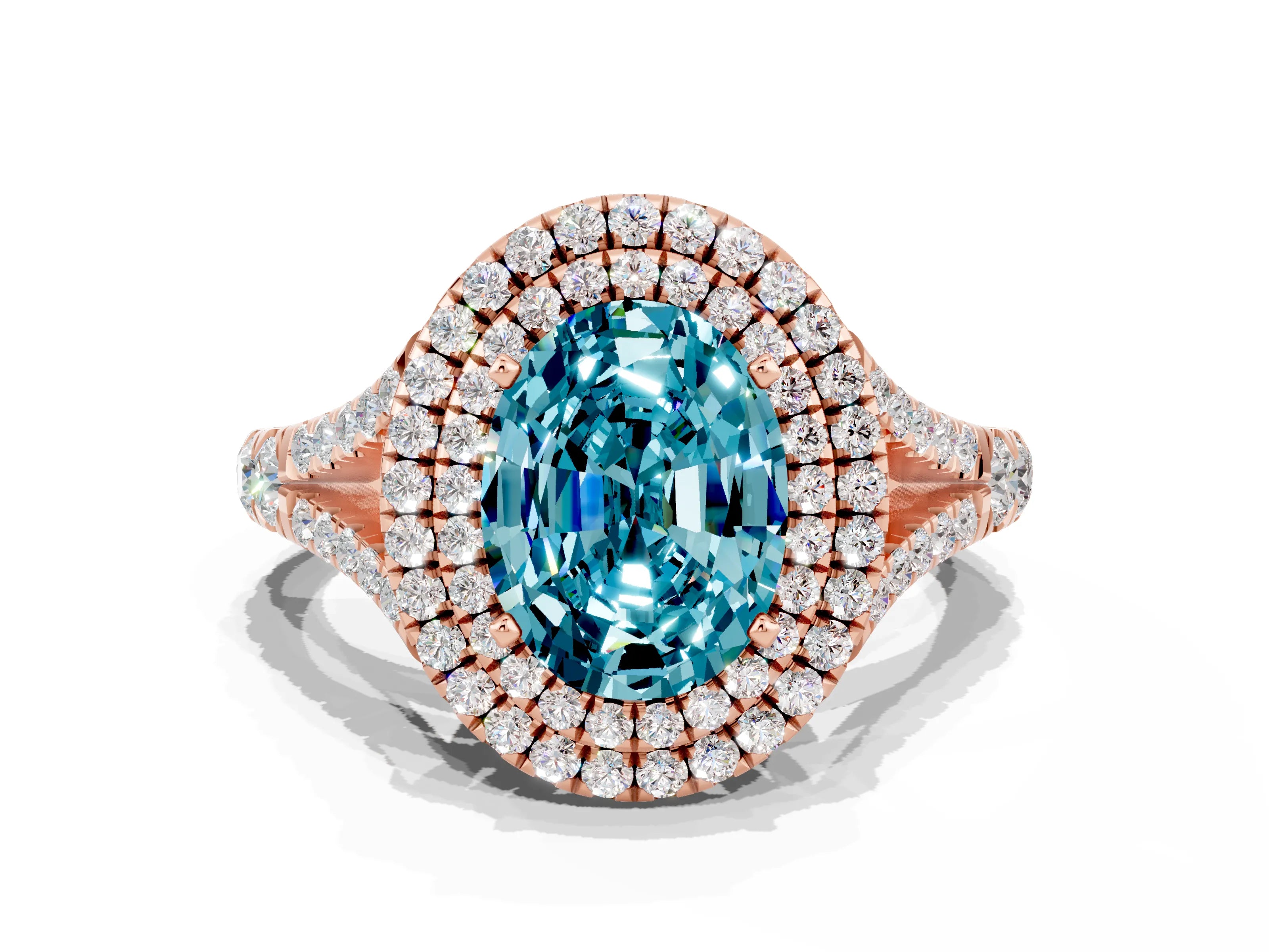 Rose gold Oval Cut Blue Topaz Pavé Split Shank Double Halo Engagement Ring