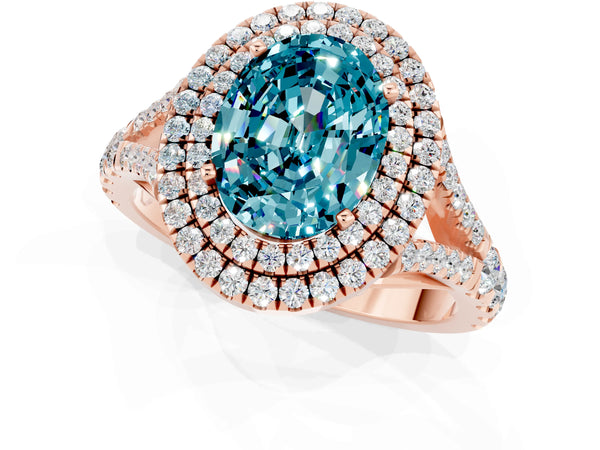 Rose gold Oval Cut Blue Topaz Pavé Split Shank Double Halo Engagement Ring