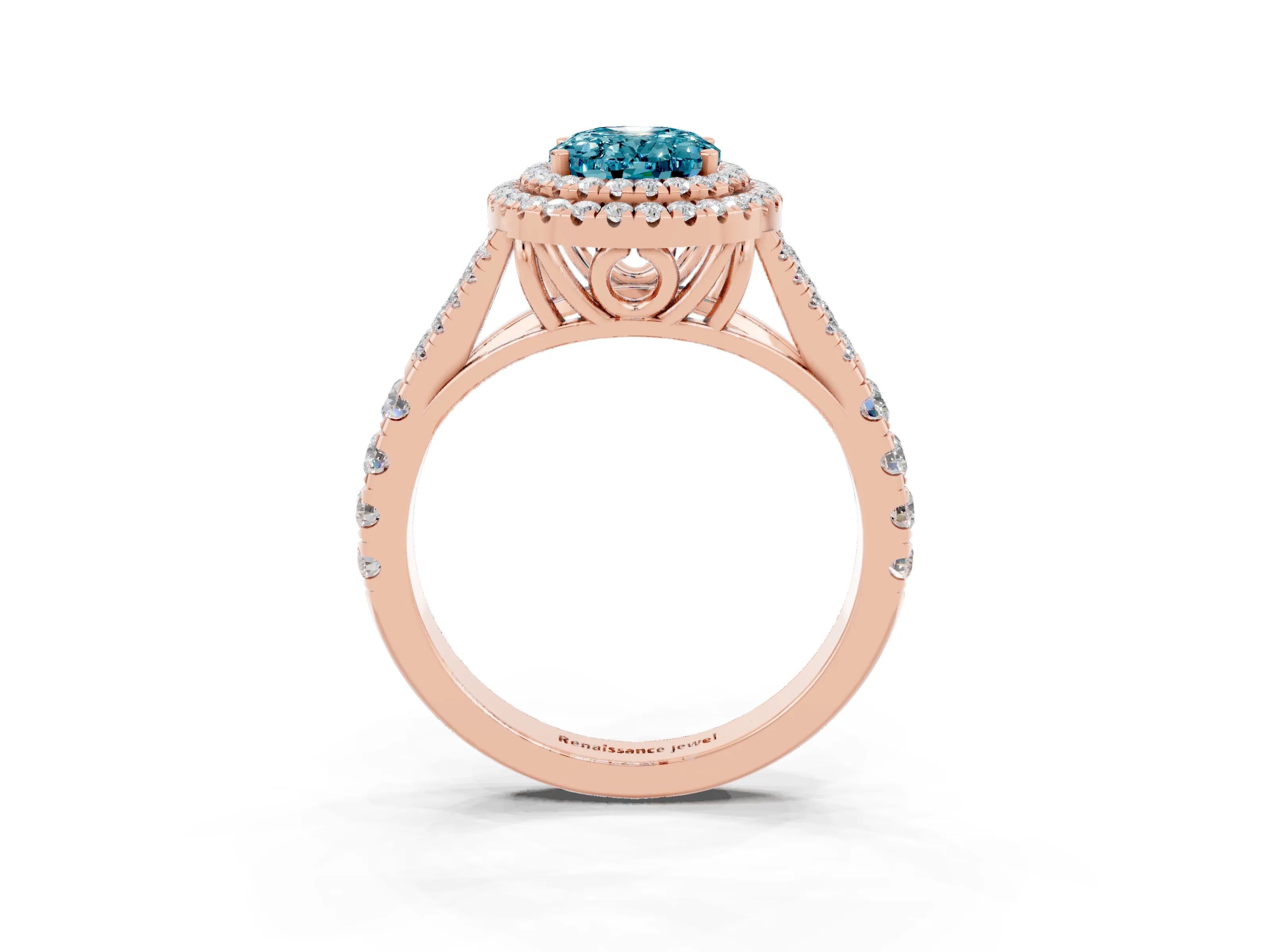 Rose gold Oval Cut Blue Topaz Pavé Split Shank Double Halo Engagement Ring_3