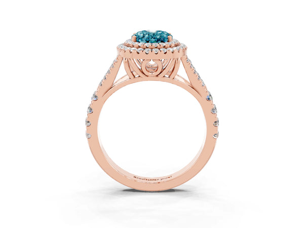 Rose gold Oval Cut Blue Topaz Pavé Split Shank Double Halo Engagement Ring