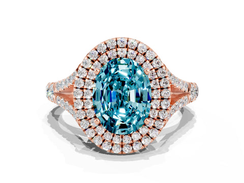 Rose gold Oval Cut Blue Topaz Pavé Split Shank Double Halo Engagement Ring