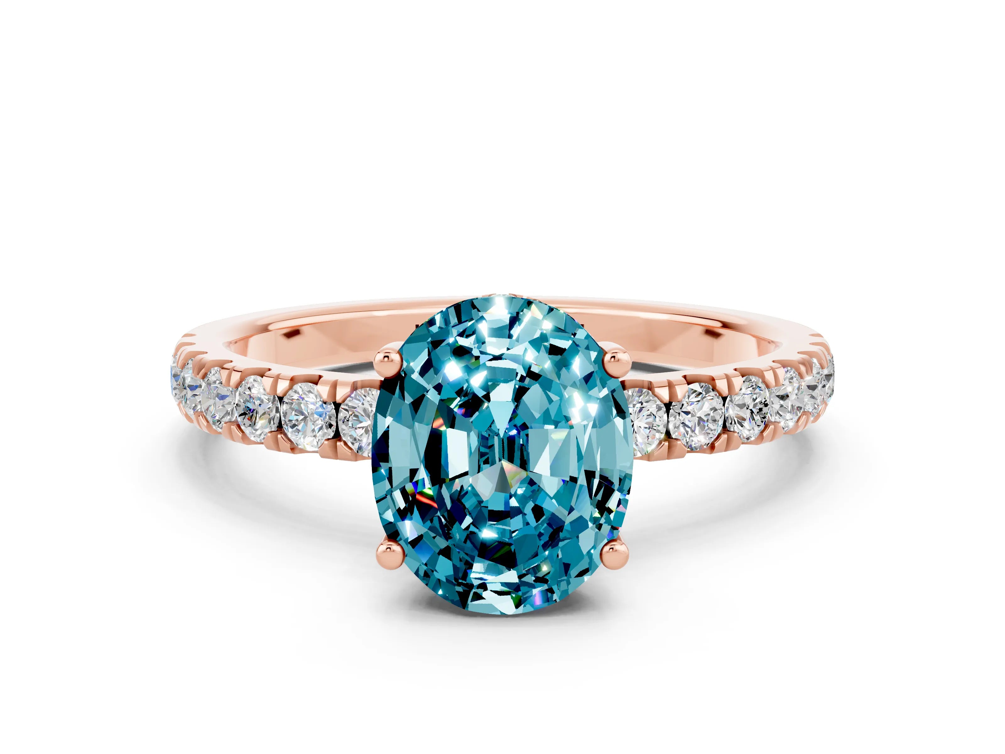 Rose gold Oval Cut Blue Topaz Pave Band Solitaire Ring with Four-Prong Setting_24
