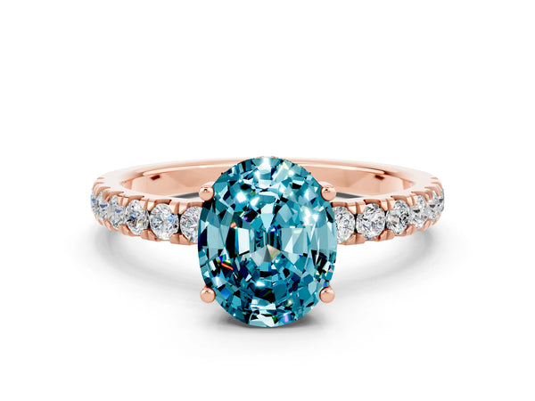 Rose gold Oval Cut Blue Topaz Pave Band Solitaire Ring with Round  and Prong Setting