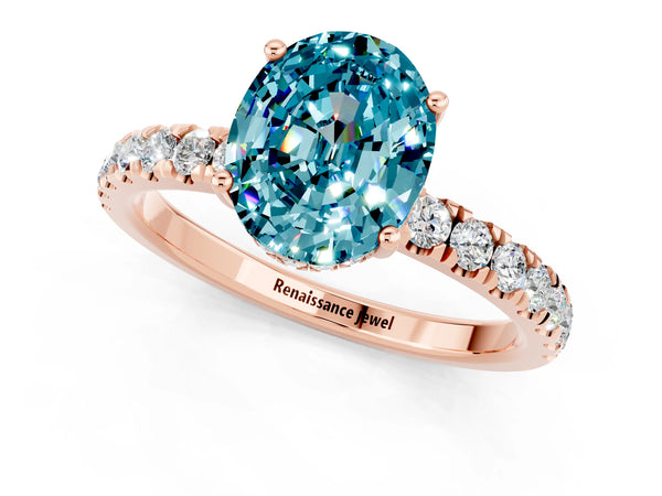 Rose gold Oval Cut Blue Topaz Pave Band Solitaire Ring with Round  and Prong Setting