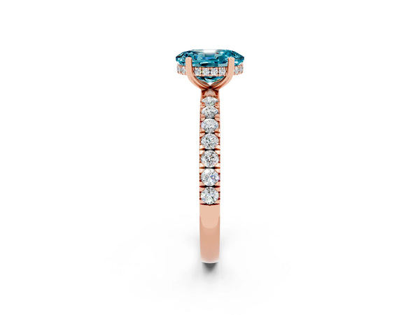 Rose gold Oval Cut Blue Topaz Pave Band Solitaire Ring with Round  and Prong Setting