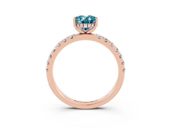 Rose gold Oval Cut Blue Topaz Pave Band Solitaire Ring with Round  and Prong Setting
