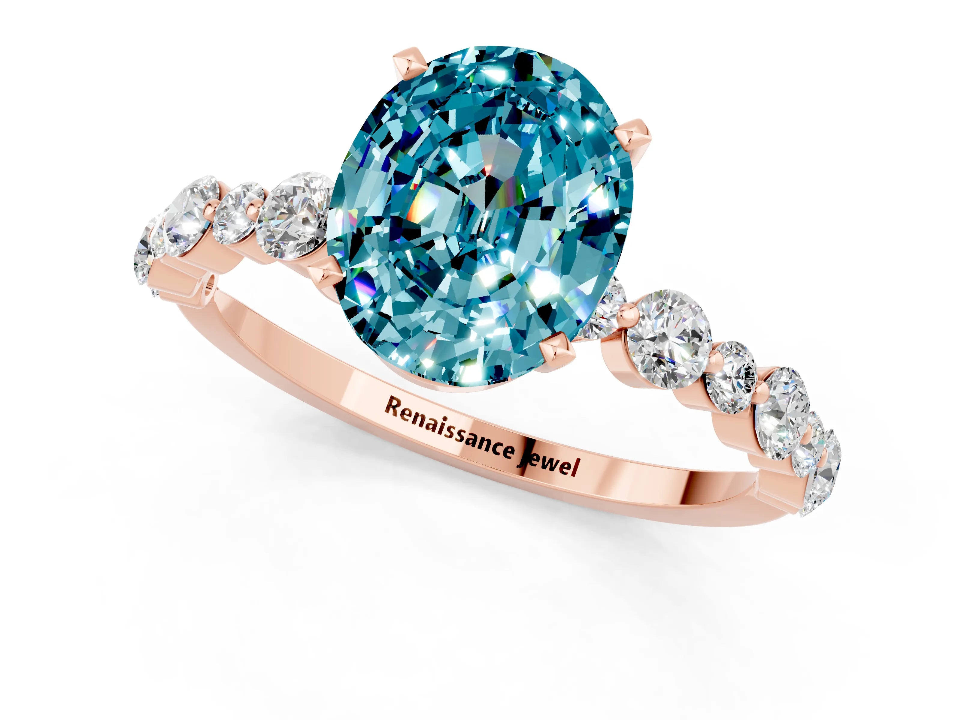 Rose gold Oval Cut Blue Topaz Prong Set Engagement Ring with Pavé Band_1