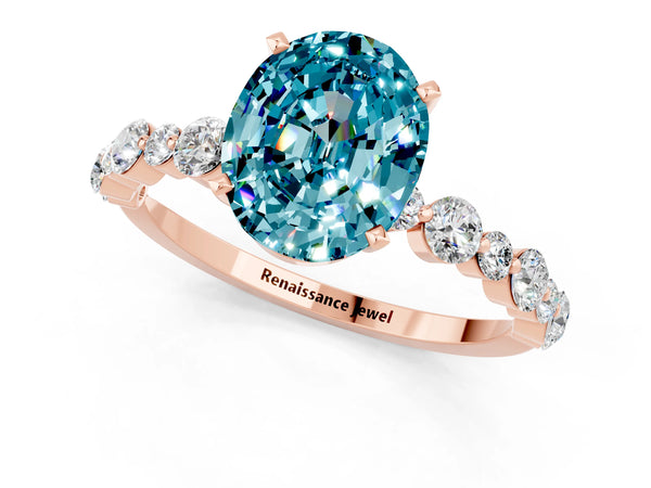 Rose gold Oval Cut Blue Topaz Prong Set Engagement Ring with Pavé Band