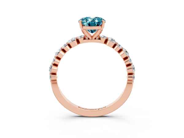 Rose gold Oval Cut Blue Topaz Prong Set Engagement Ring with Pavé Band