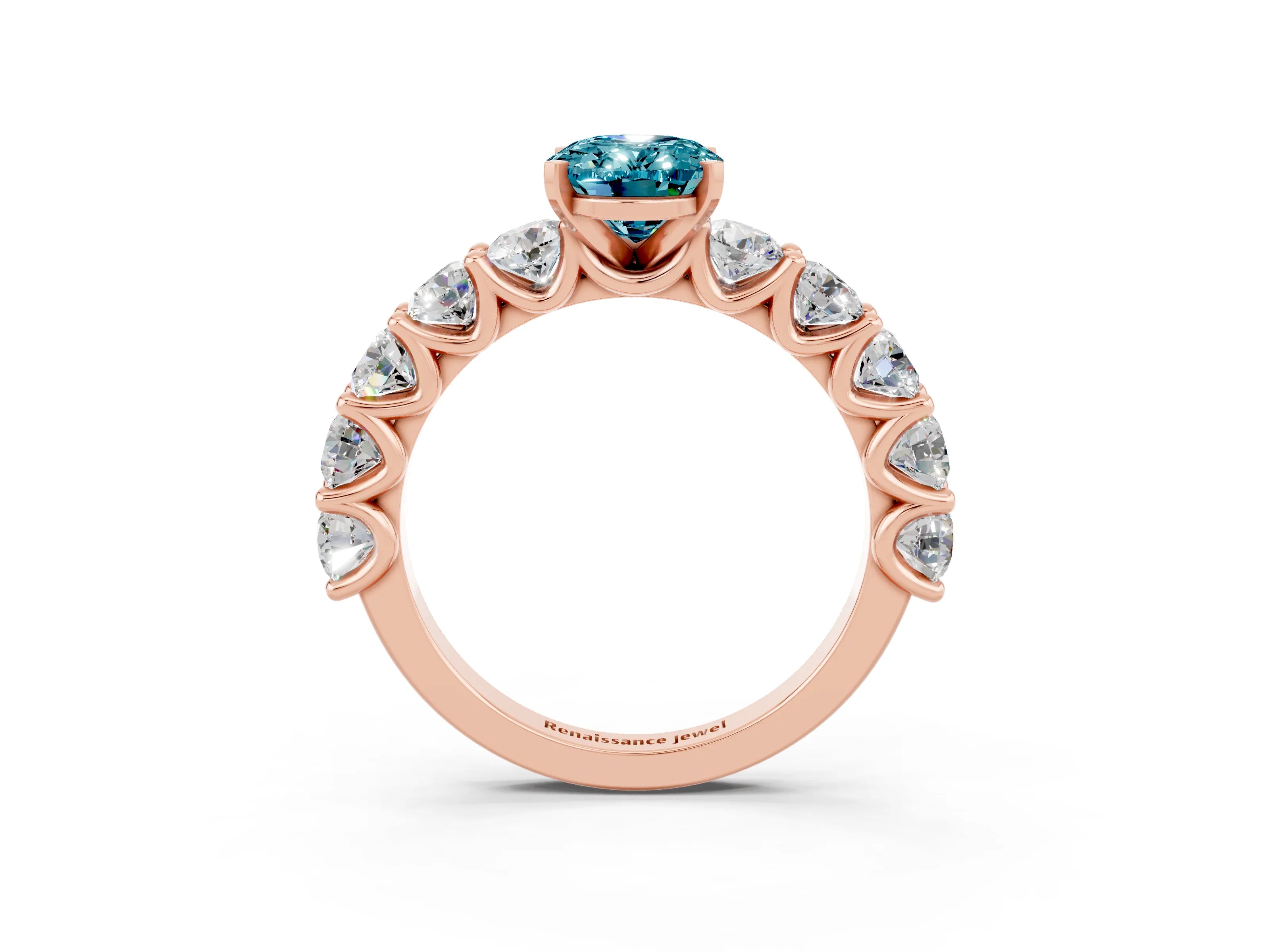 Rose gold Oval Cut Blue Topaz Prong Setting with Side Stones on a Pave Band_3