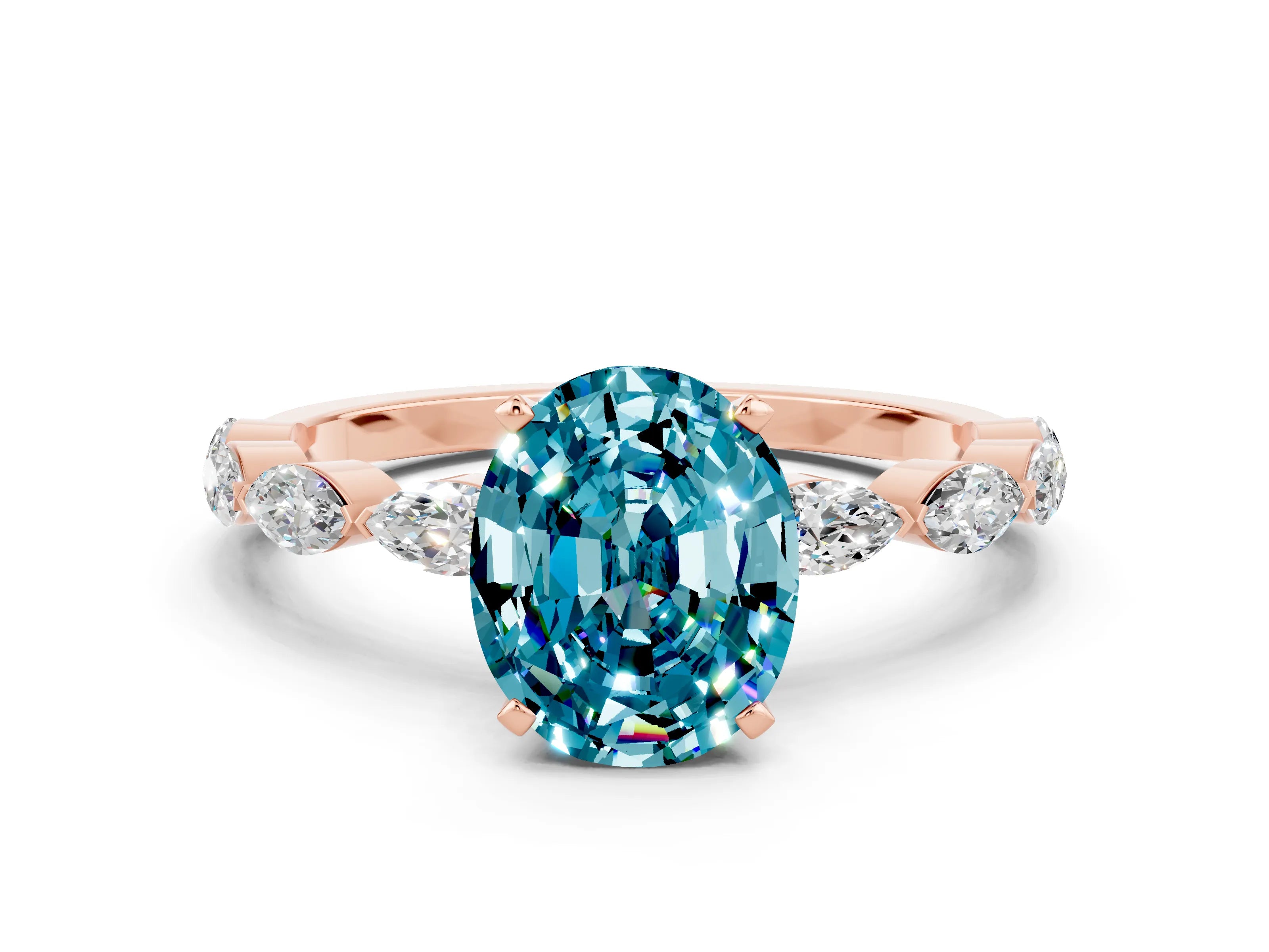 Rose gold Oval Cut Blue Topaz Ring with Marquise Side Stones and Prong Setting