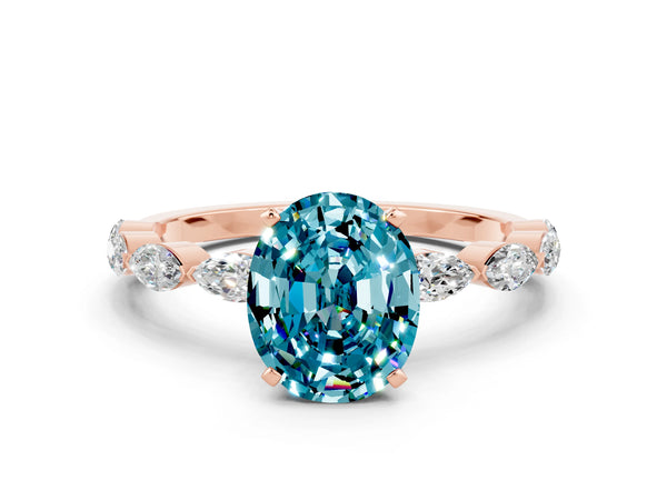 Rose gold Oval Cut Blue Topaz Ring with Marquise Side Stones and Prong Setting