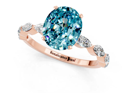 Rose gold Oval Cut Blue Topaz Ring with Marquise Side Stones and Prong Setting_1