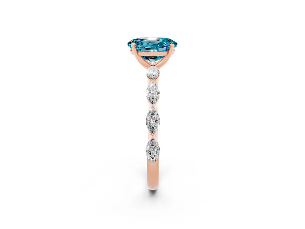 Rose gold Oval Cut Blue Topaz Ring with Marquise Side Stones and Prong Setting