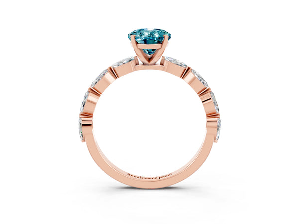 Rose gold Oval Cut Blue Topaz Ring with Marquise Side Stones and Prong Setting